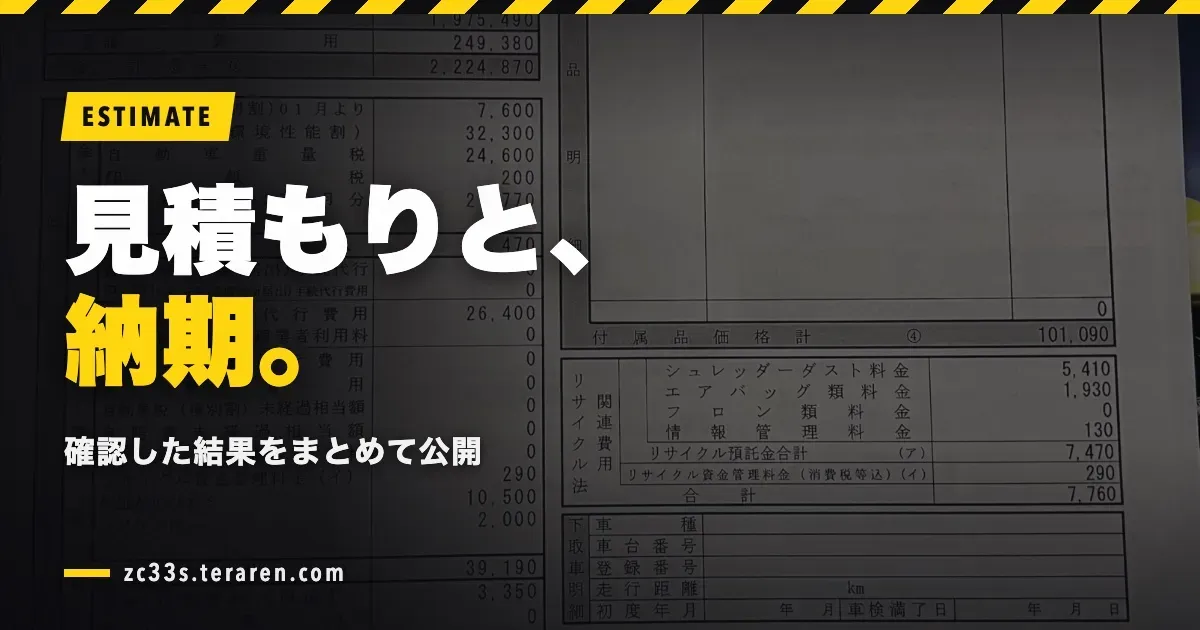 スイフトスポーツ(ZC33S)の見積もりと納期を確認した結果
