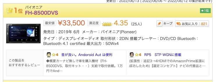 Pioneer FH-8500DVSの最安値は購入タイミングと価格比較まとめ - 画像1
