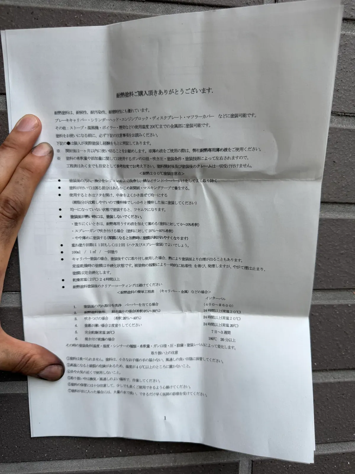 ZEST耐熱塗料に付属していた説明書