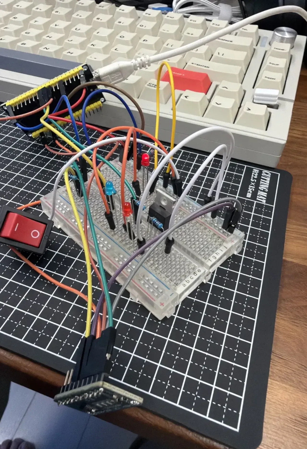 ICWS ESP32コントローラー - ブレッドボード全体、赤と青のLEDが状態表示